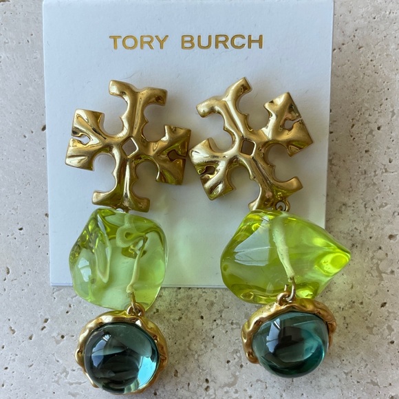 Tory Burch Jewelry - Tory Burch Gold Logo Drop Earrings with Lime Green and Teal Glass